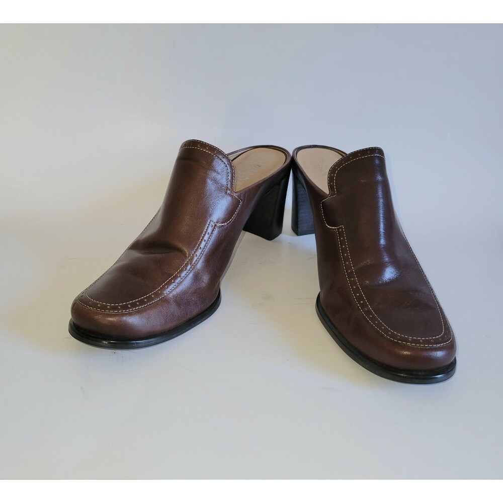 FRANCO SARTO NOVA Brown Leather Heeled Slides Loafer Clog Mules Shoe 8.5M - Picture 2 of 9